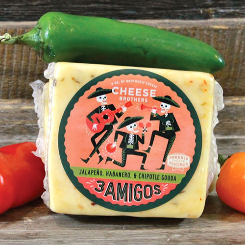 Package of Cheese Brothers 3 Amigos spicy gouda cheese with Jalapenos, habaneros, and chipotle.