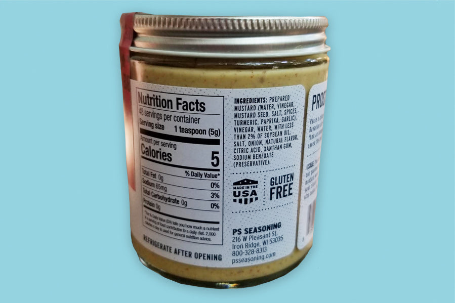Back of jar of Bier Hall stone mustard with nutrition facts and ingredient labels.