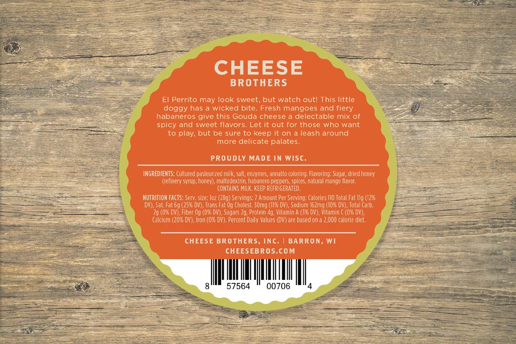 Back label for El Perrito Mango Habanero Gouda with description and ingredients.