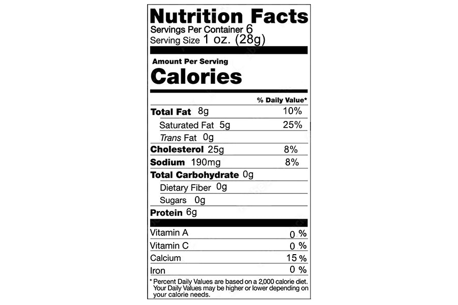 Nutrition Facts label for Cheese Brothers pepper jack cheese.