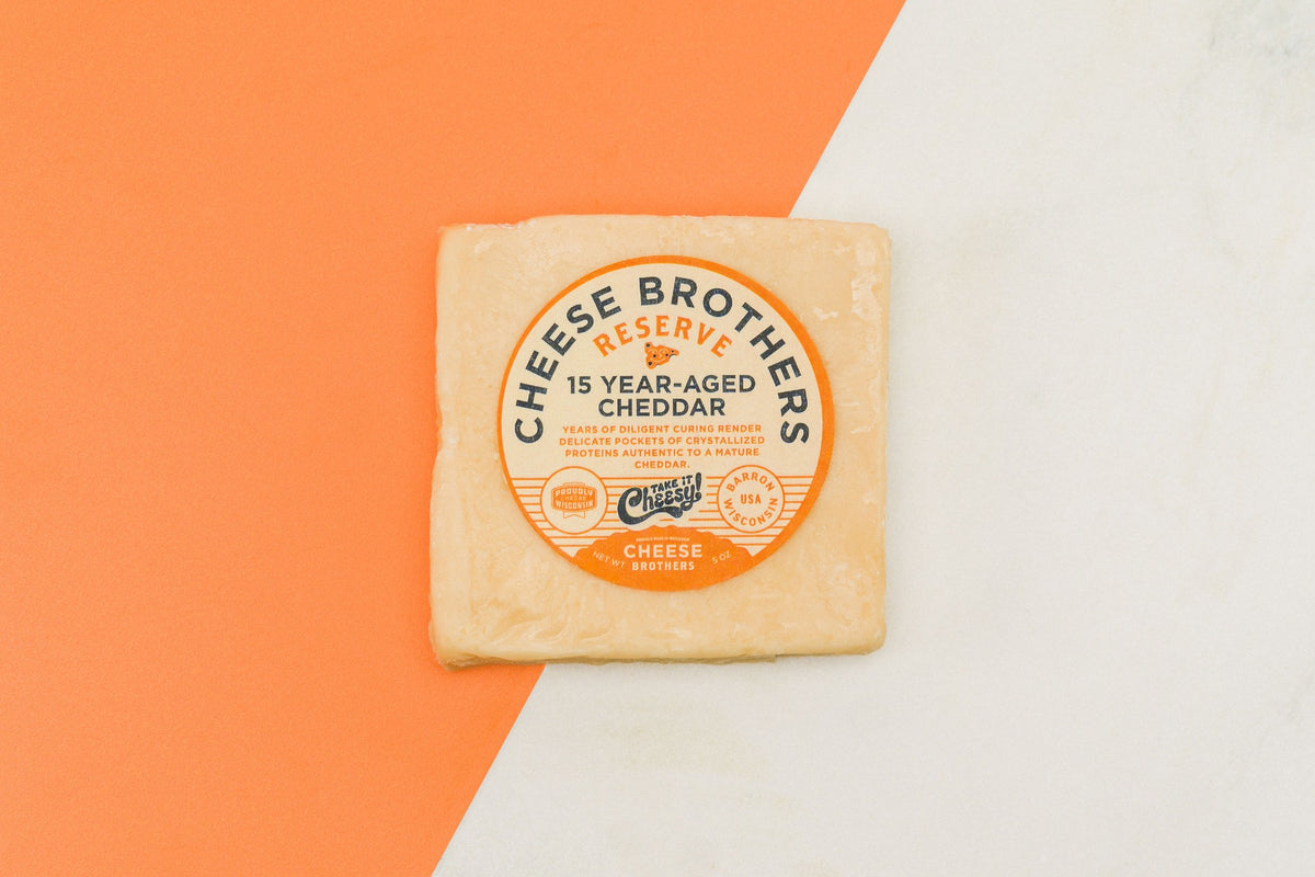 Package of 15-year aged Wisconsin white cheddar. 