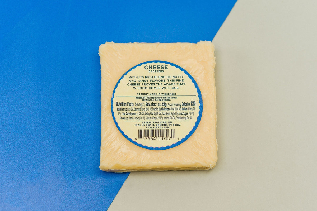Back label for Cheese Brothers 8-year aged cheddar. 