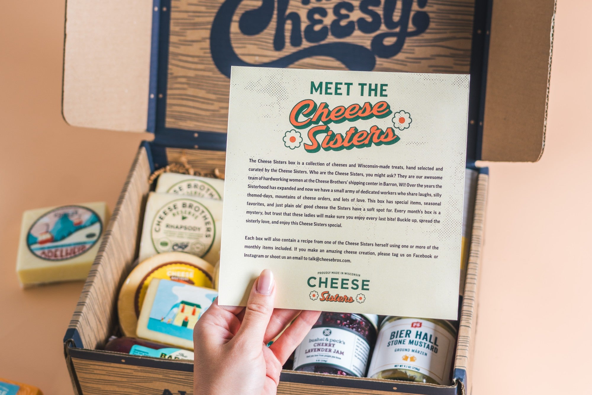 Cheese Sisters box with Meet the Cheese Sisters letter. 