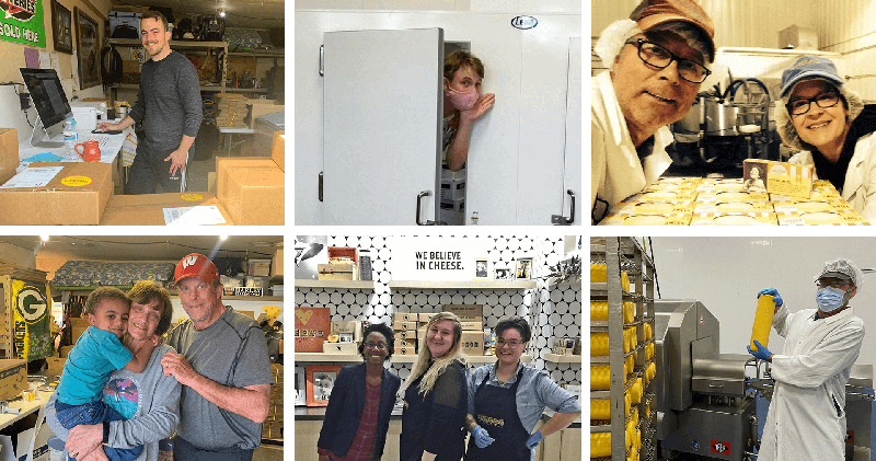 Six photo collage of the Cheese Brothers team around the production facility.