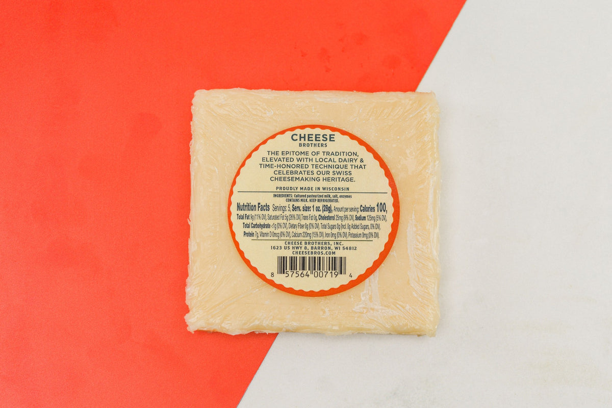 Back label for Cheese Brothers Wisconsin gruyere with description and ingredients. 