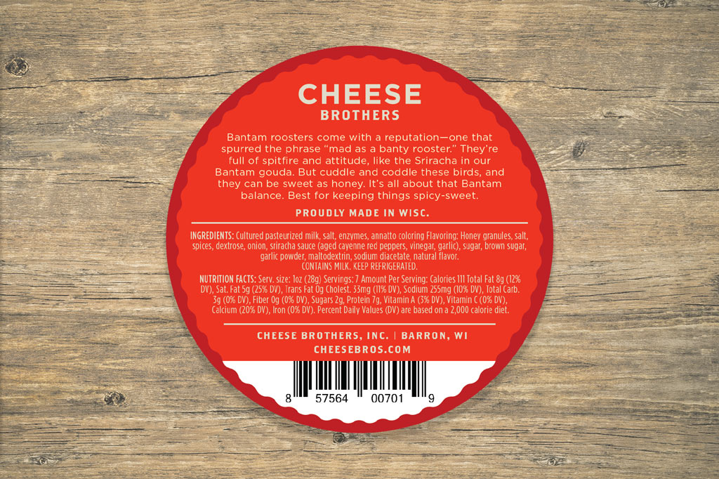 Back label for Cheese Brothers Bantam Srirracha gouda with description and ingredients. 