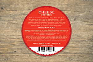 Back label for Cheese Brothers Bantam Srirracha gouda with description and ingredients. 