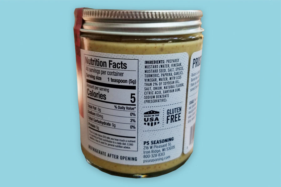 Back of jar of Bier Hall stone mustard with nutrition facts and ingredient labels. 