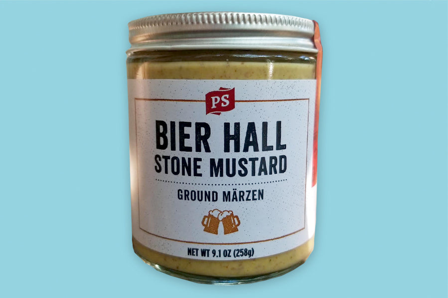 Front of jar of Bier Hall stone mustard. 