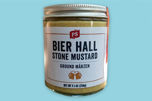 Front of jar of Bier Hall stone mustard. 