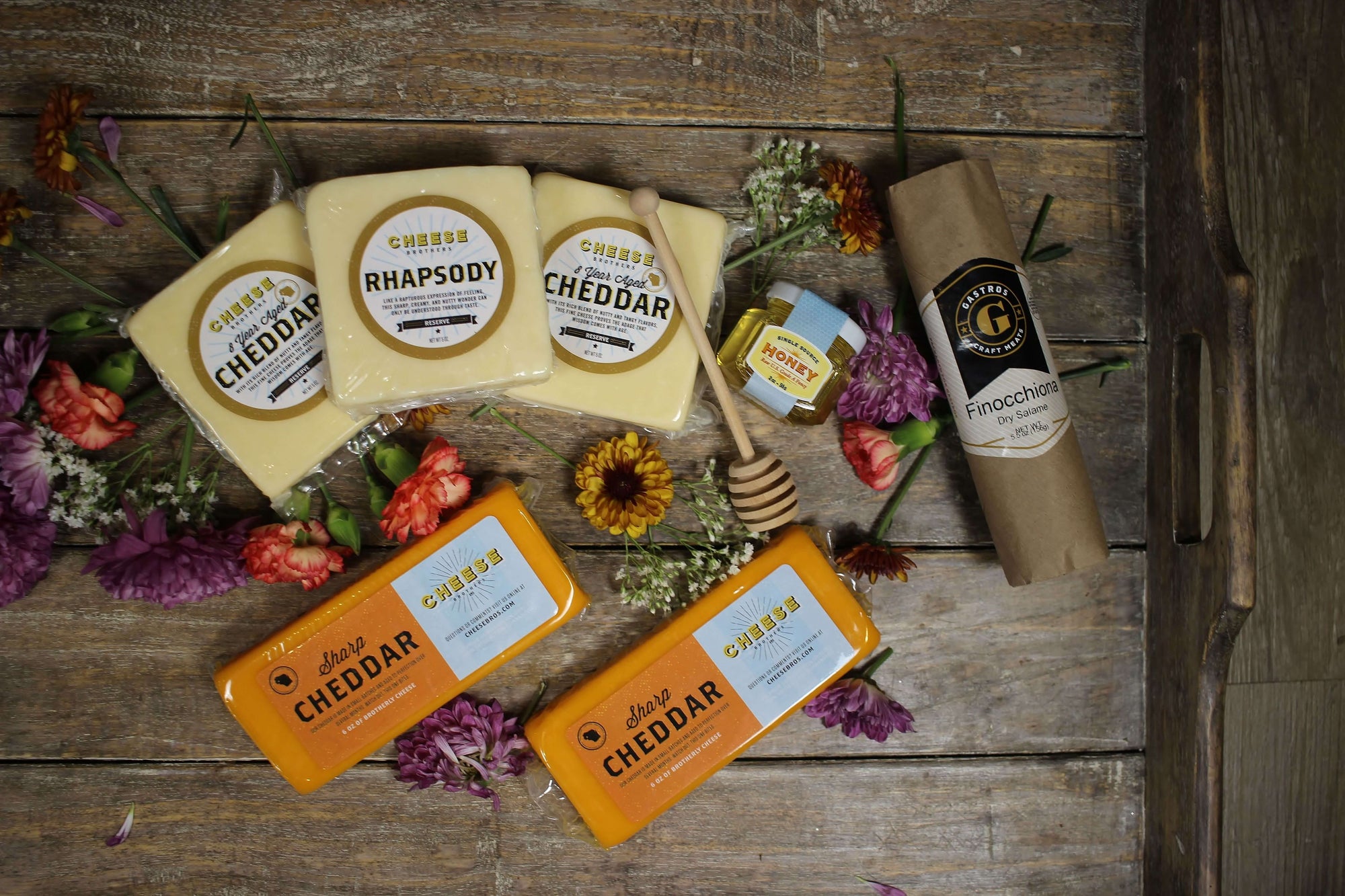 Get Well Soon cheese box with five blocks of gourmet Wisconsin cheese, honey, and sausage. 