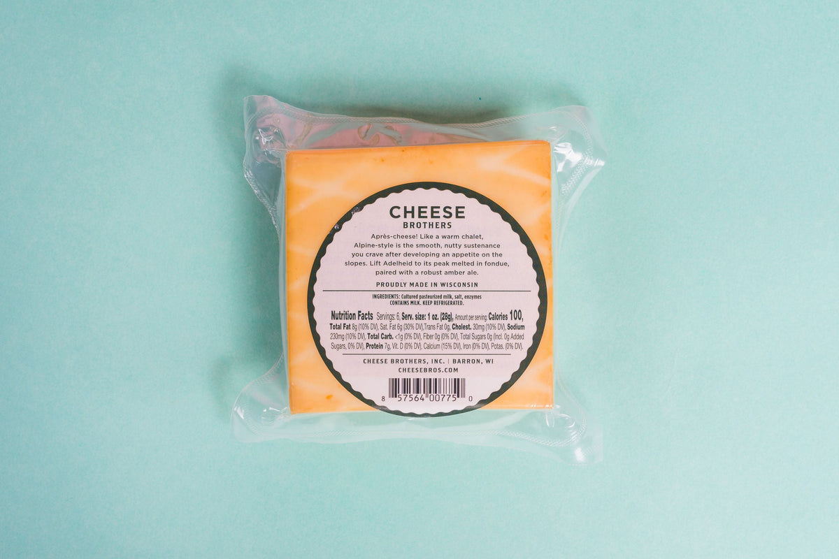 The back of the package of Adelheid alpine-style cheese. 