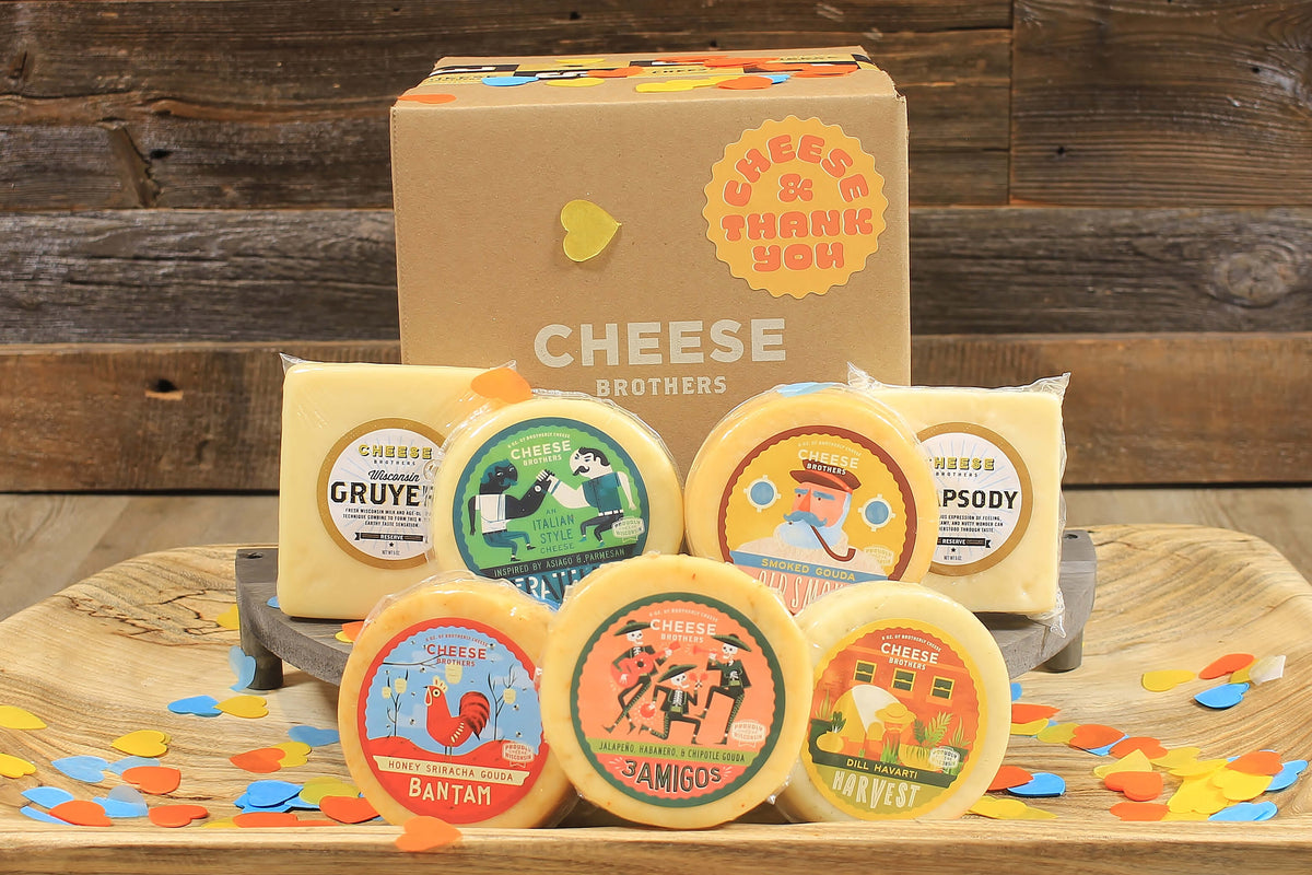 Thank you box with seven varieties of artisan Wisconsin cheeses. 