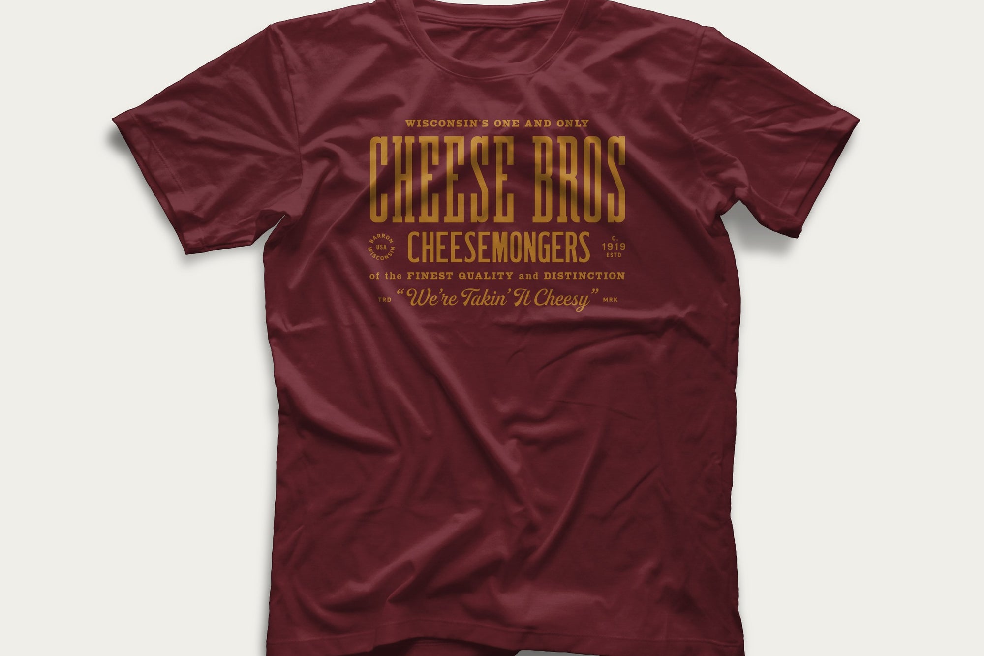 Red Cheese Bros Cheese Mongers t-shirt.