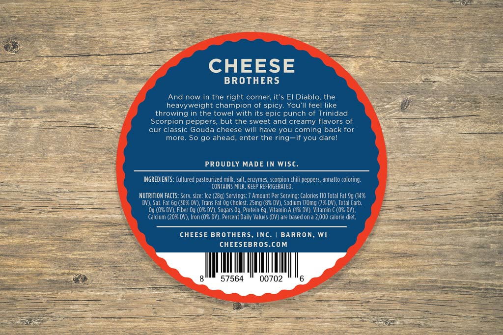 Back label for El Diablo scorpion pepper gouda with description and ingredients. 