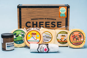 Fathers Day gift box with five varieties of gourmet Wisconsin cheeses, mustard, and salami. 