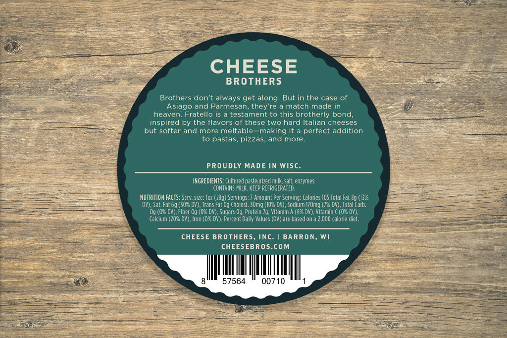 Back label for Cheese Brothers Fratello asiago and parmesan cheese blend with description and ingredients. 