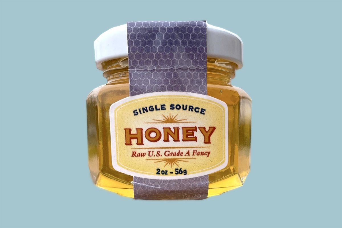Front of jar of single source honey. 