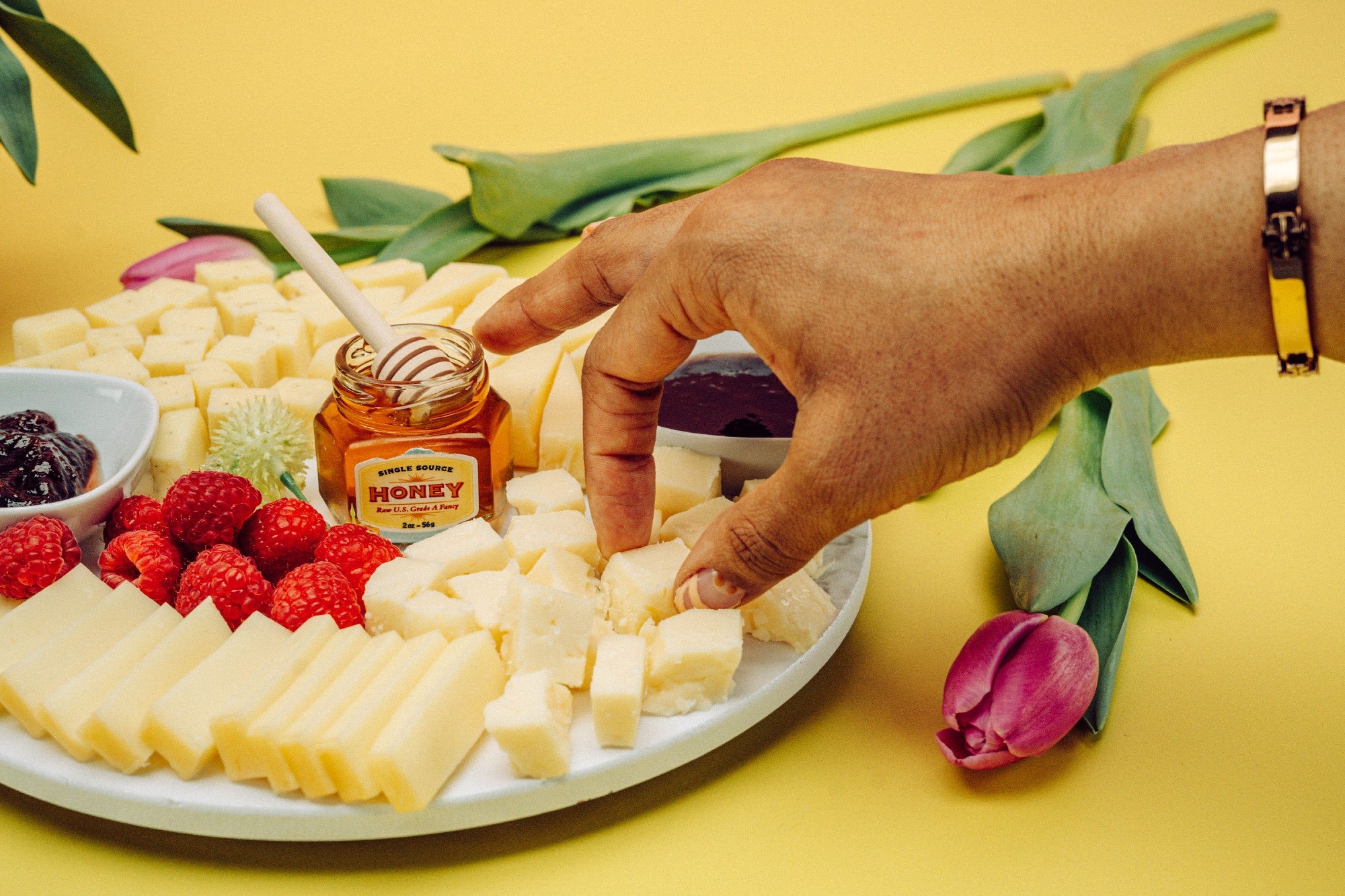 Mother's Day cheese box with 4 artisan Wisconsin cheeses, jam, and honey. 