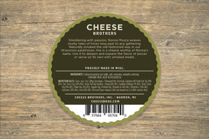 Back label for Cheese Brothers smoked Mozzarella with description and ingredient list. 