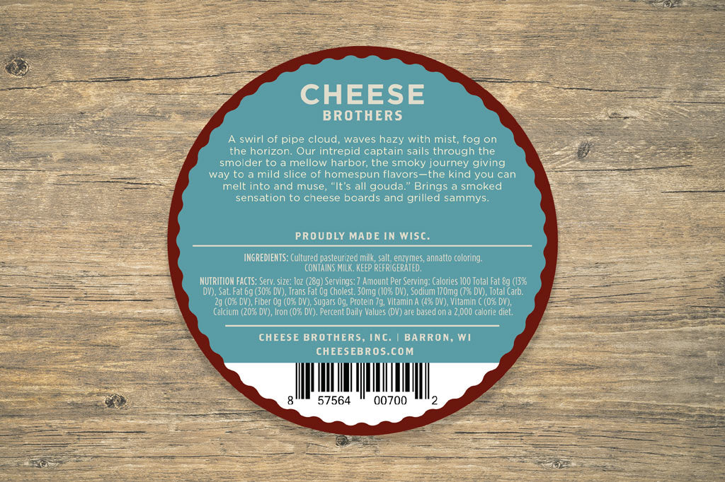 Back label for Cheese Brothers Old Smoky smoked gouda with description and ingredients. 