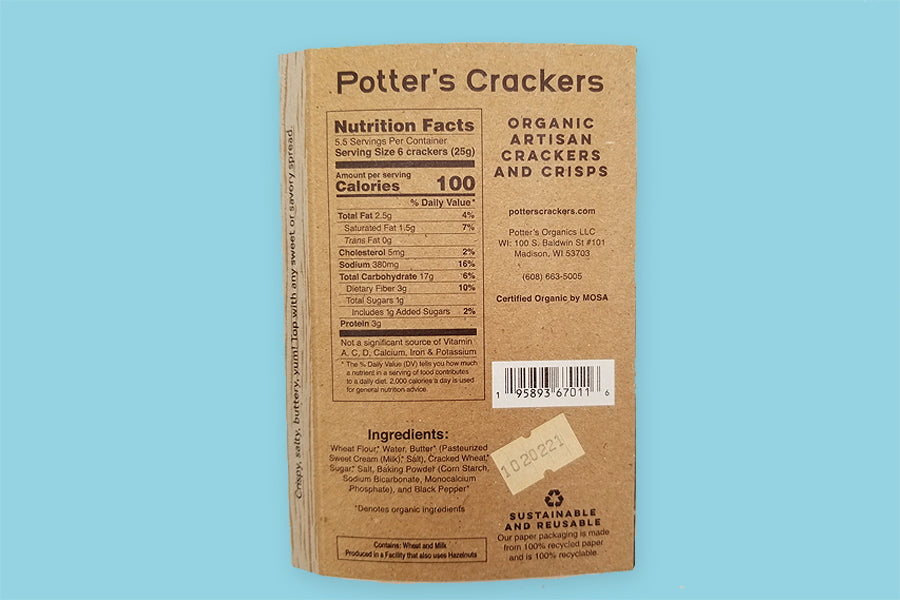The back of the packaging for Potter&#39;s small batch organic artisan crackers with nutrition info and ingredients. 