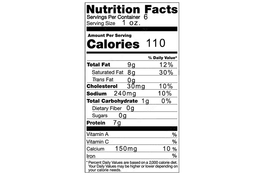 Nutrition Facts label for Cheese Brothers smoked bacon gouda cheese. 