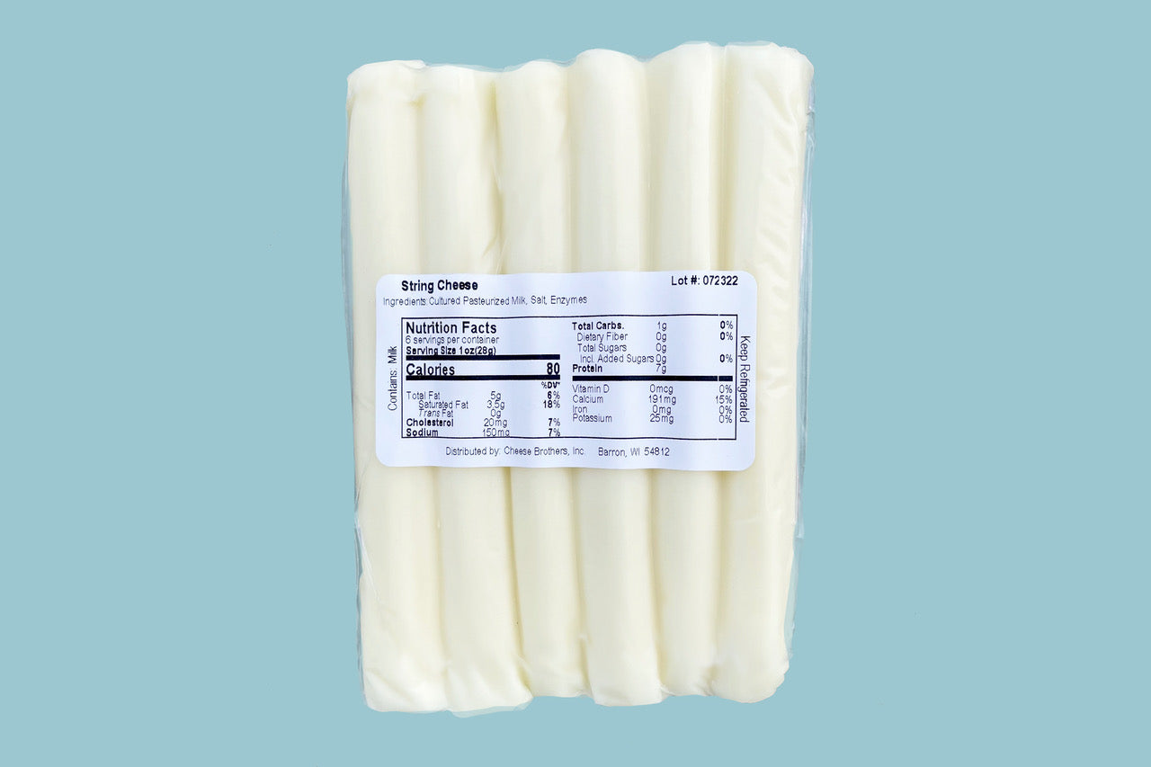 Package of six gourmet Wisconsin string cheese sticks. 