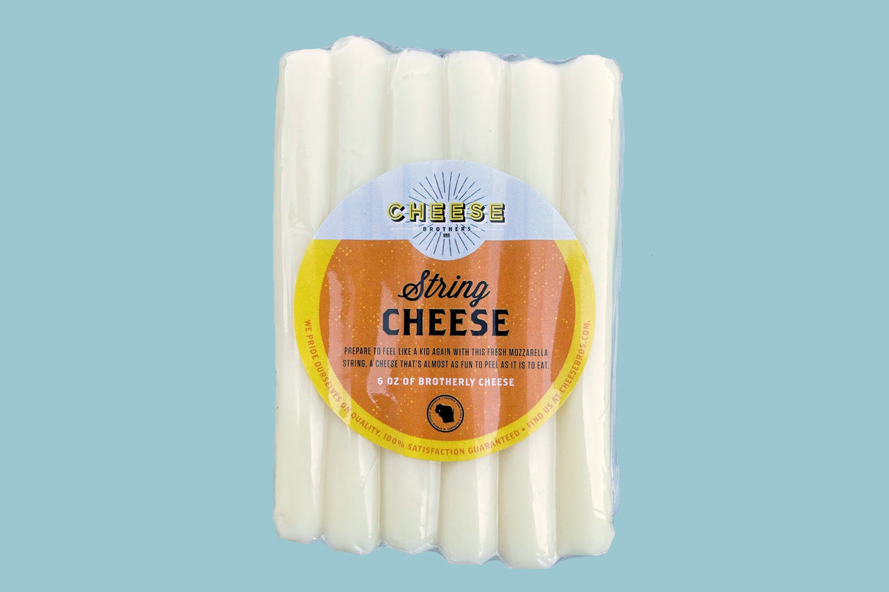 Package of six gourmet Wisconsin string cheese sticks. 