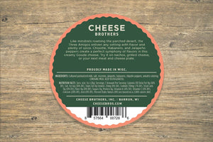 Back label for Cheese Brothers 3 Amigos spicy gouda with description and ingredients. 