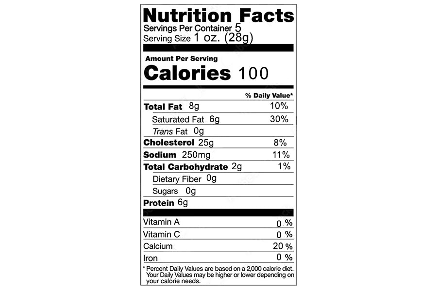 Nutrition facts label for Cheese Brothers Tuscan fontina cheese.